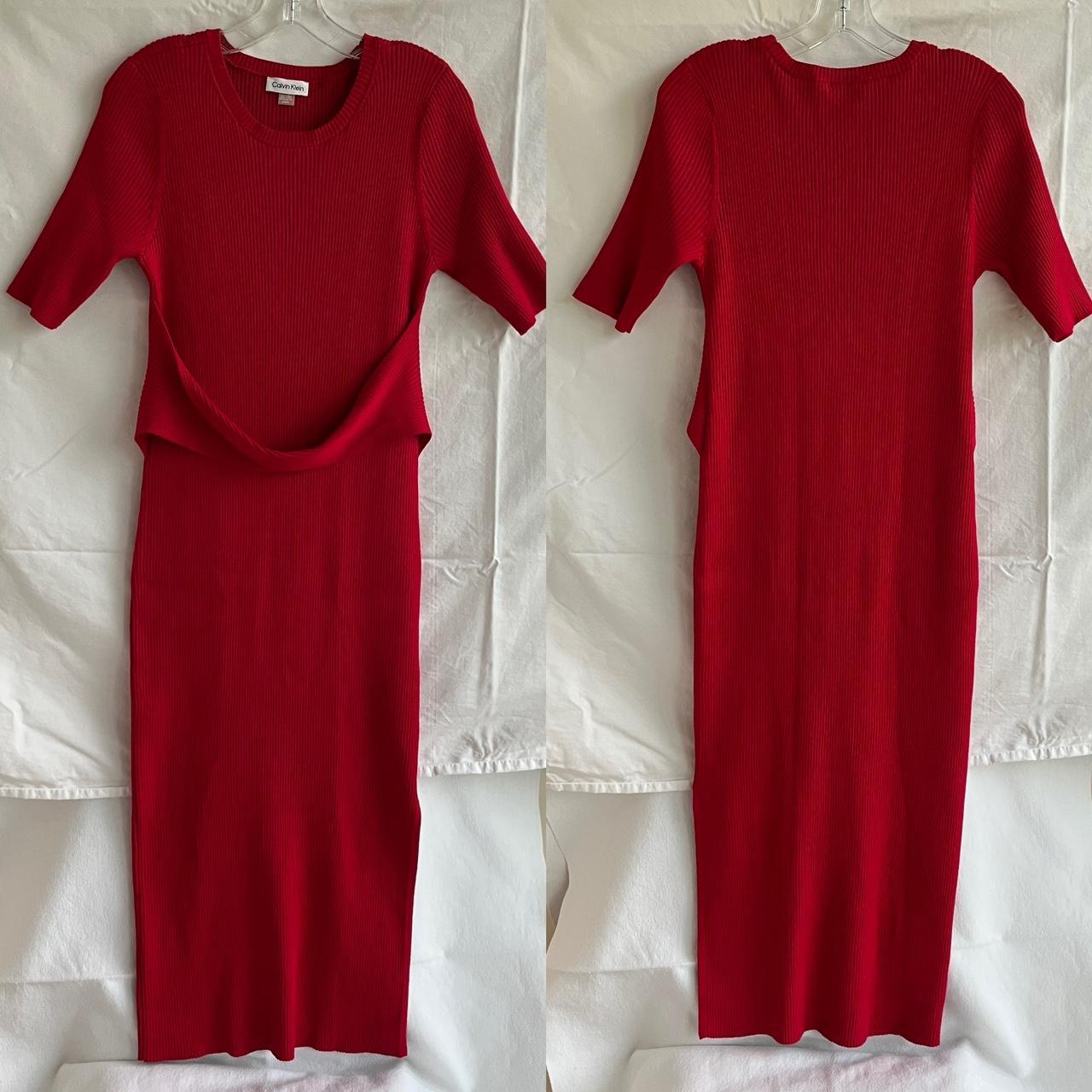 Calvin Klein Red Ribbed knit body con long dress. Depop