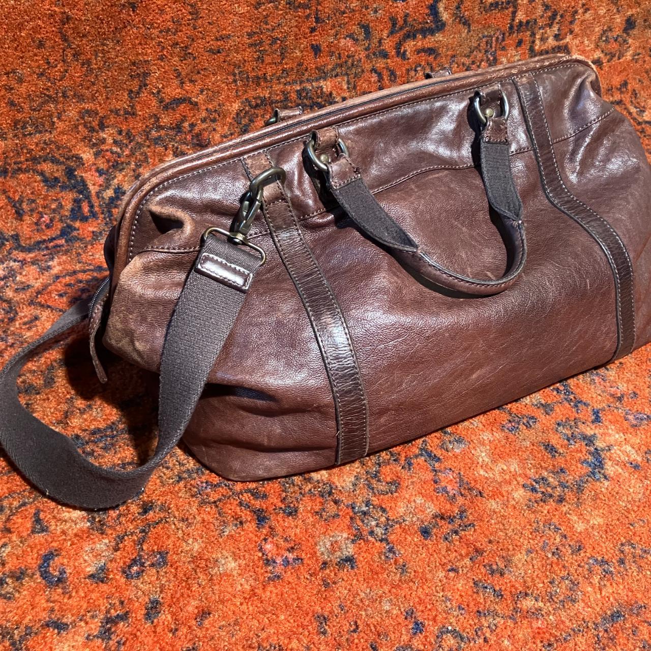 Fossil Estate Framed Leather Duffle Bag Brown Opens