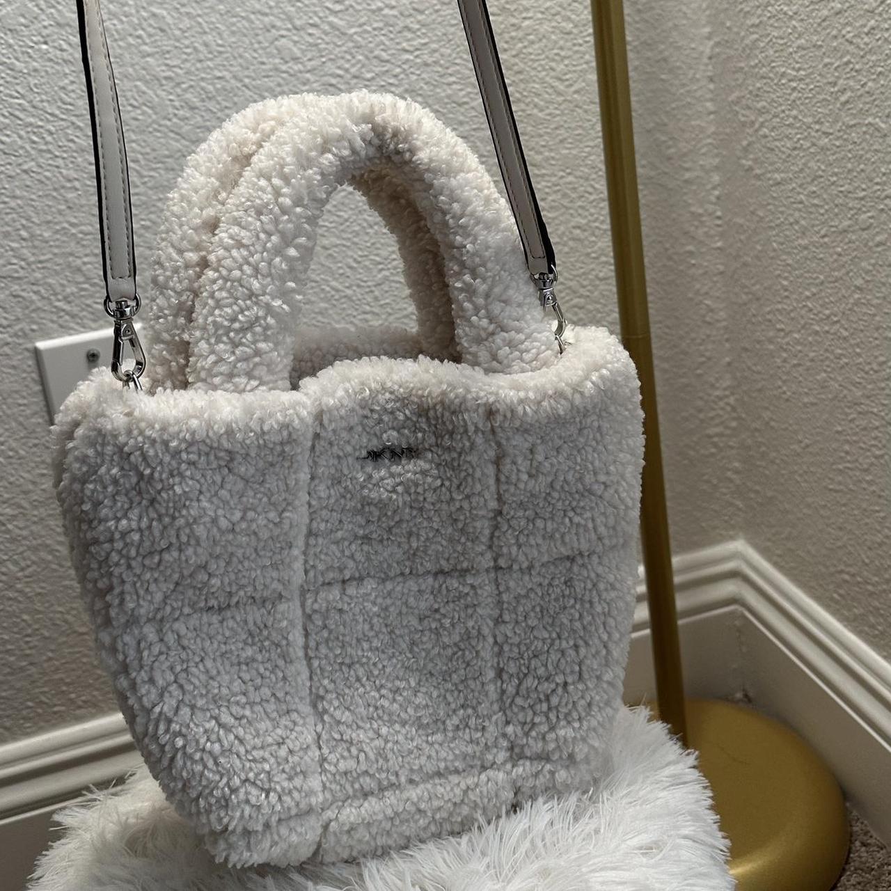 DKNY Cream and white faux fur tote bag with. Depop