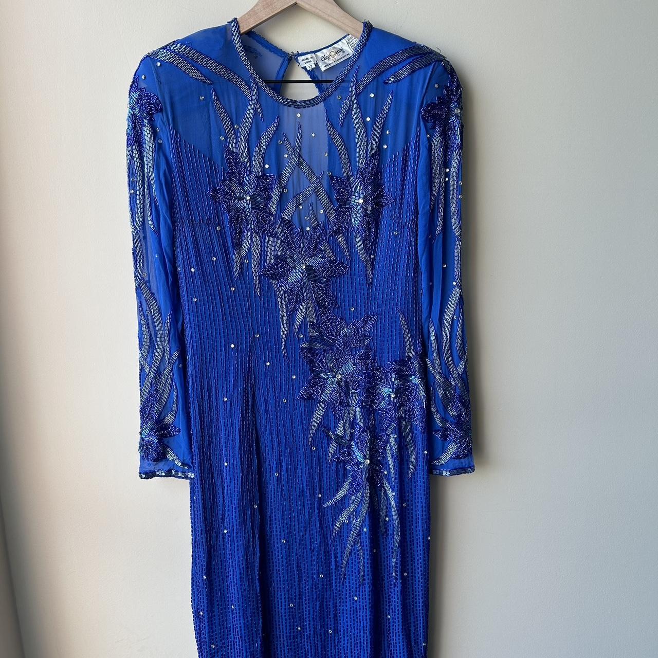 Vintage 80's Blue Silk Beaded Dress, Silk Dress, Beaded deals Dress