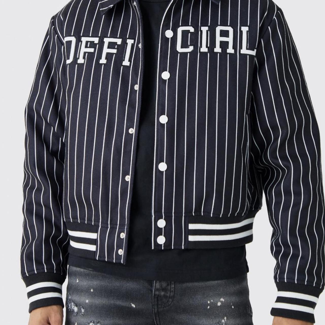 Medium Black BoohooMAN OFFICIAL PINSTRIPE VARSITY