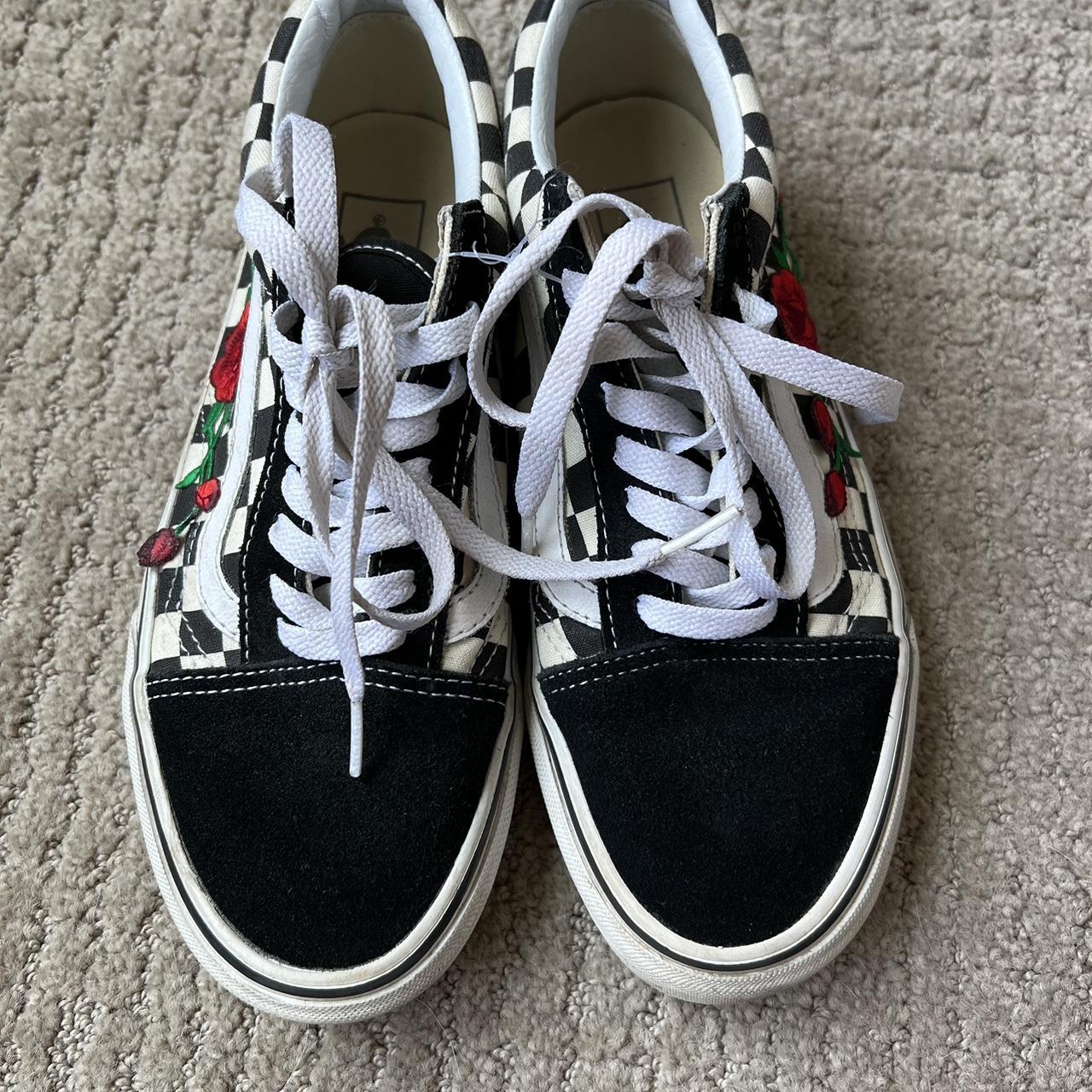 Black and white checkered vans with rose best sale