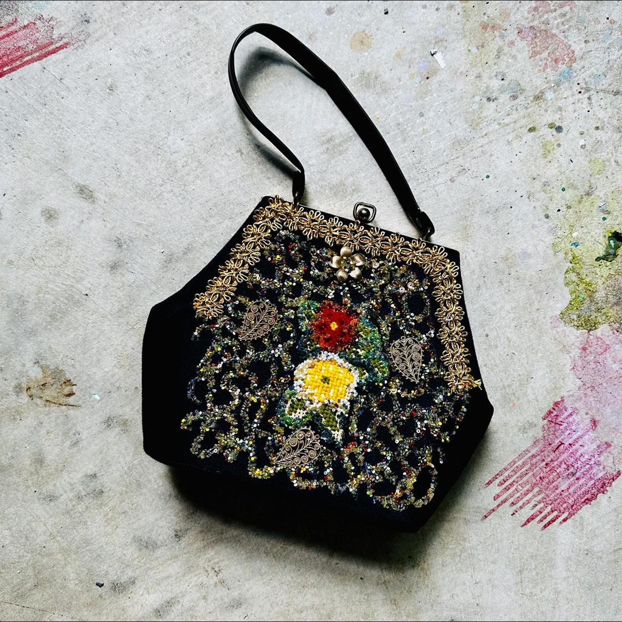 Vintage 50s Black Embroidered and Beaded Purse