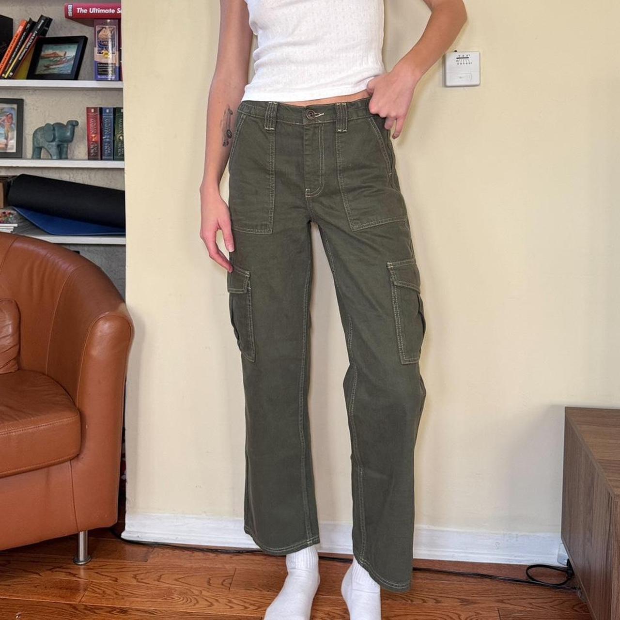 dark khaki green cargo pants with light stitching... Depop