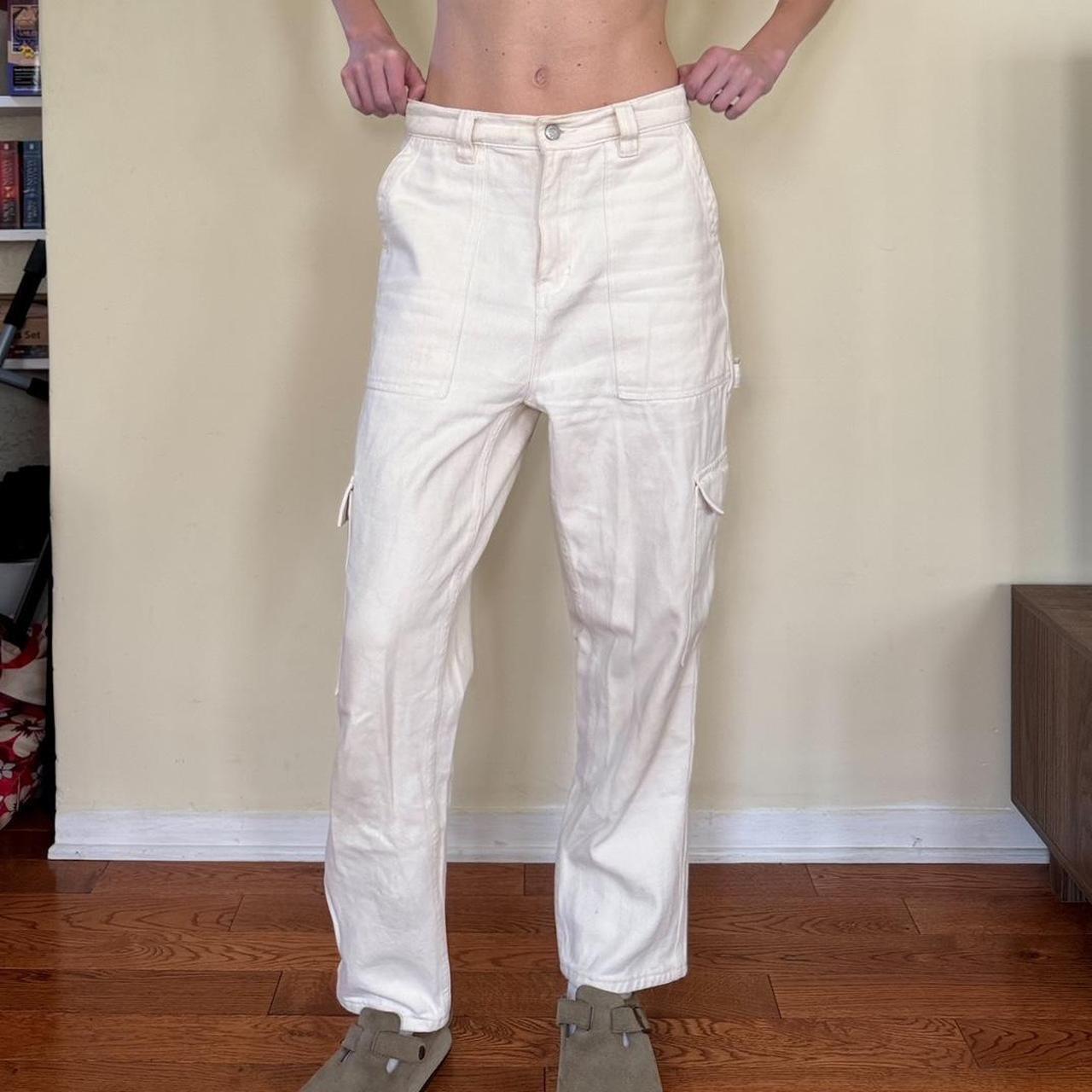 Cream/White Loose Fit Cargo Jeans, Flat
