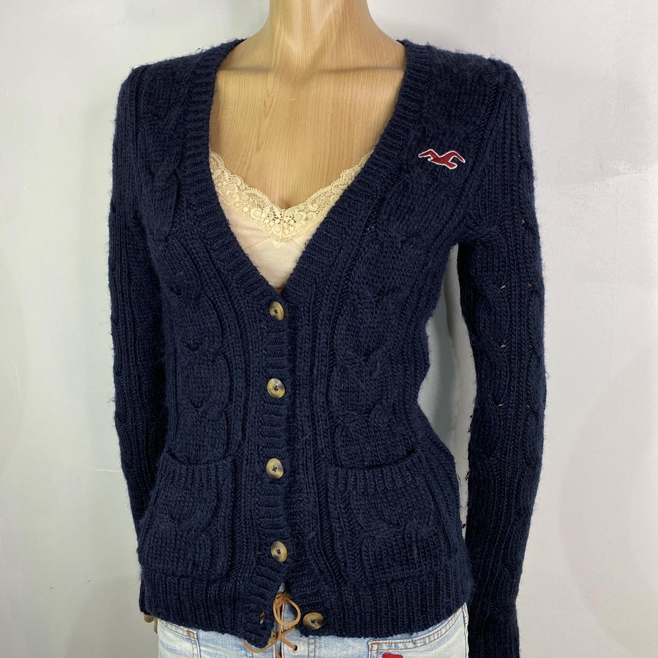 HOLLISTER CARDIGAN Size medium navy chunky knit... - Depop