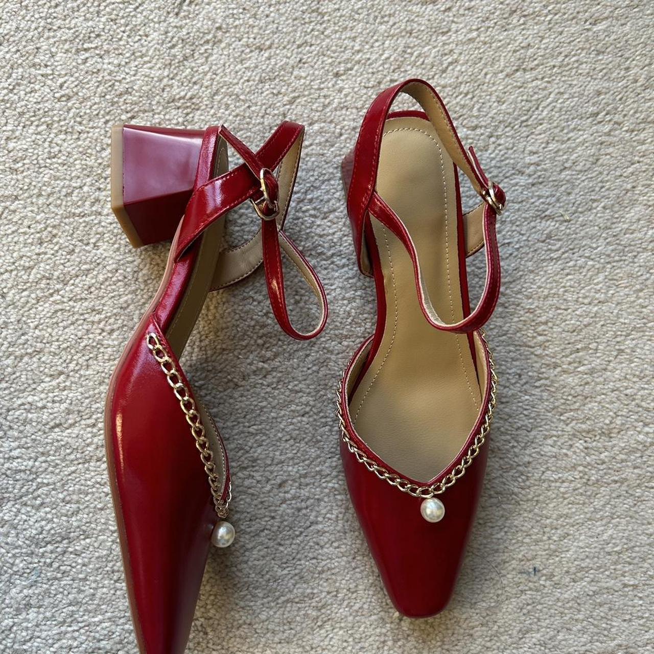 Vintage style red heeled sandals with pearls... - Depop