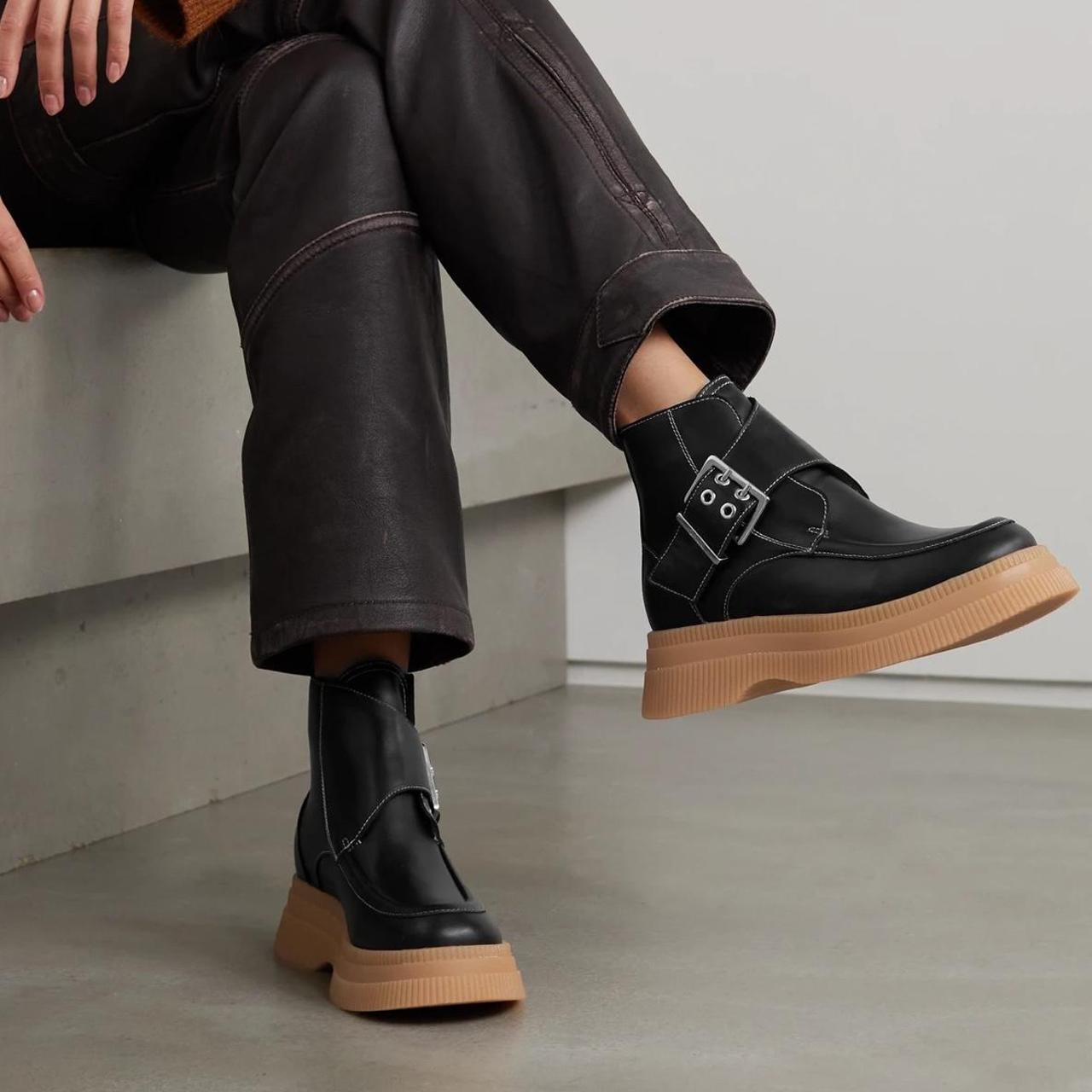 Ganni Buckled Leather Platform Ankle Boots - Ganni... - Depop