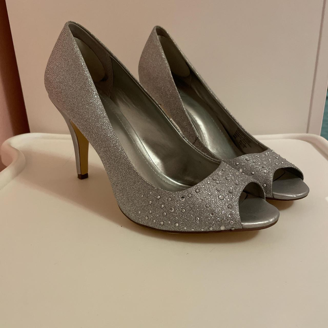 sparkly silver gray heels with a peep toe man made