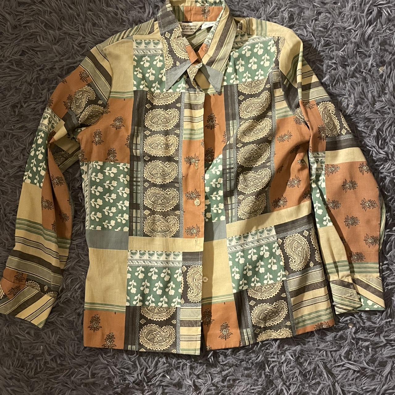 Men's Shirt - Multi/Orange - M – patchwork button… - image 1