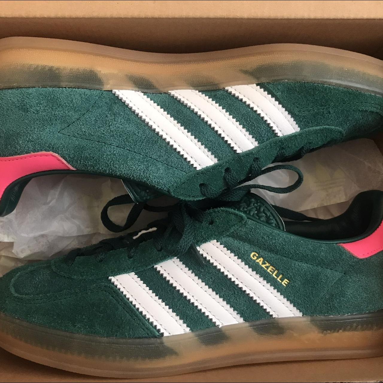 Adidas Gazelle indoor, green, white and pink Size... - Depop