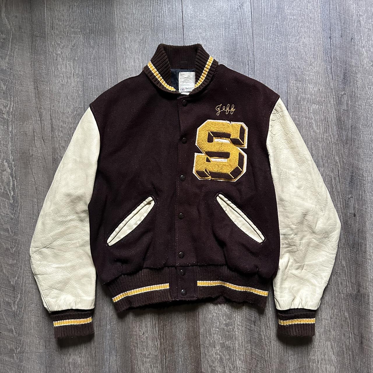 Brown and cream Los Angeles lakers varsity jacket - Depop