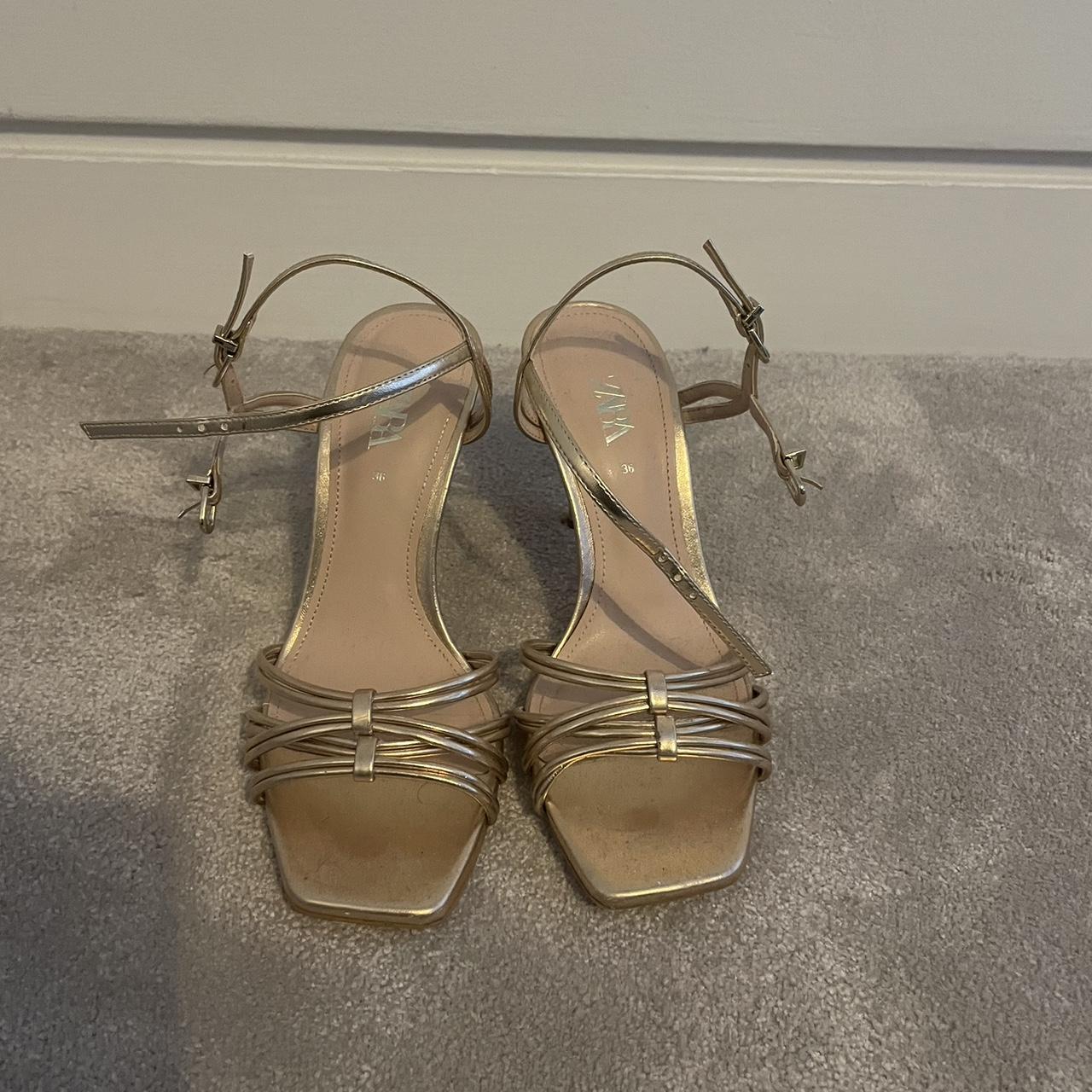 Zara gold strappy heeled sandals. Size 36 / UK... - Depop