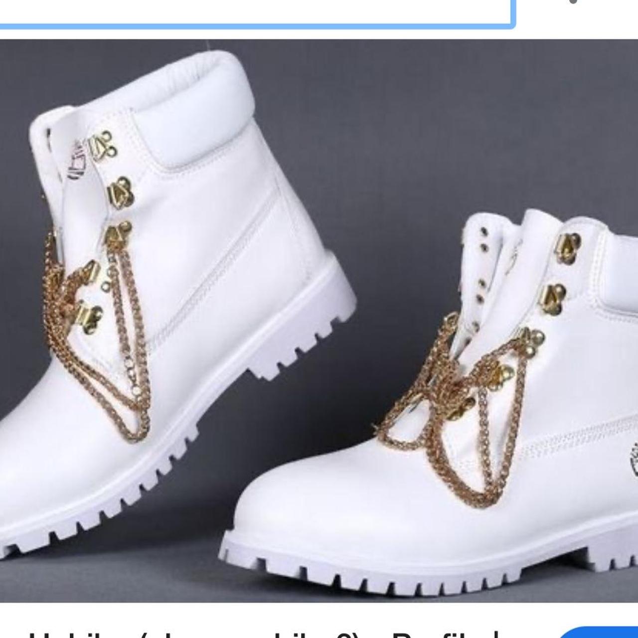 All white timbs with gold chains on sale