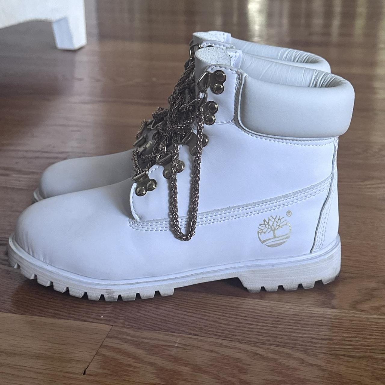 White Timberlands with gold chain. Super rare white. Depop