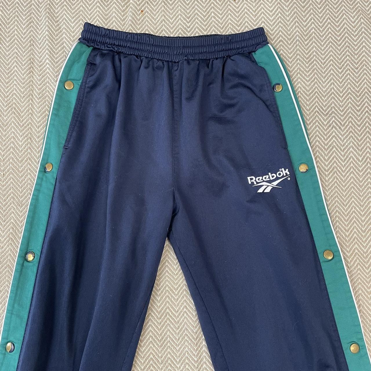 Navy/Green Reebok Popper Track Pants Waist:... - Depop