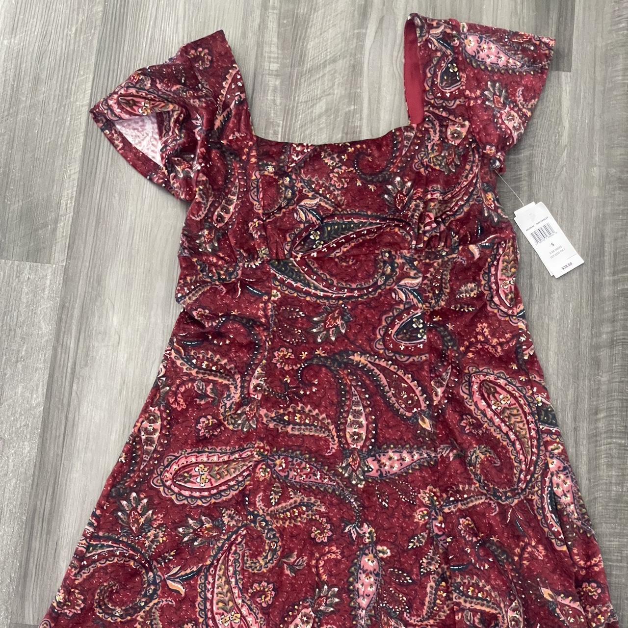 Burgundy paisley print babydoll dress with a square