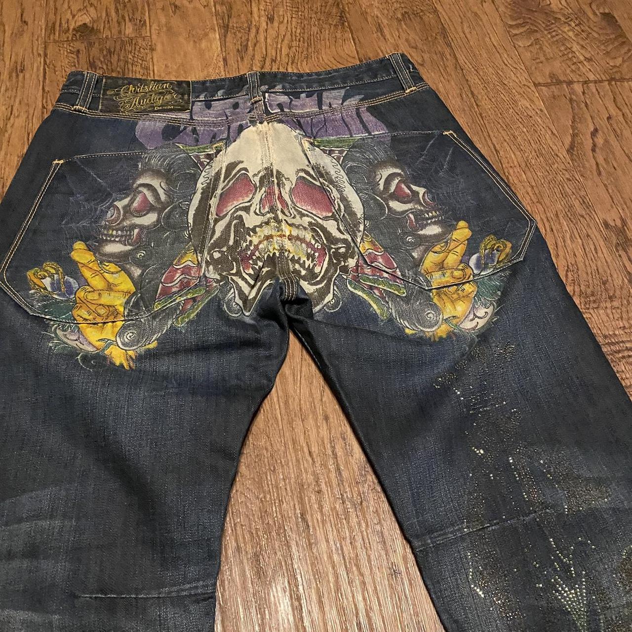 Christian audigier skull embroidered jeans day of | Depop