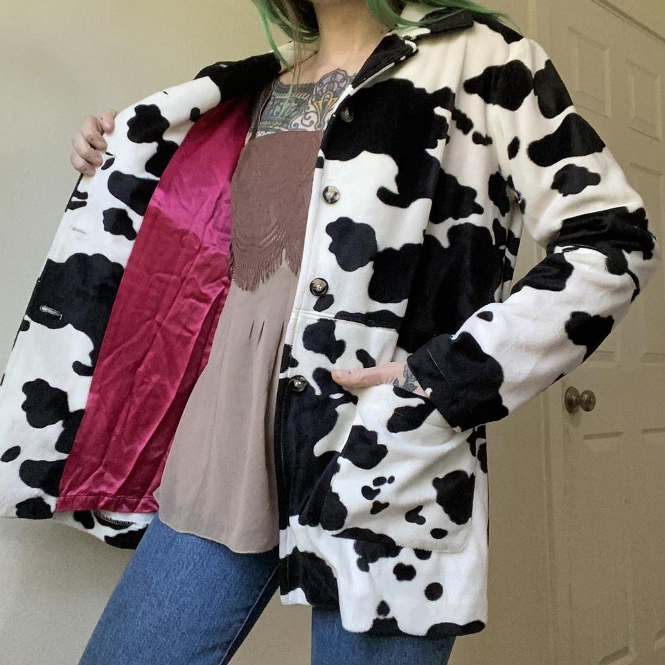 90s vintage faux fur cow print jacket by Karen... - Depop