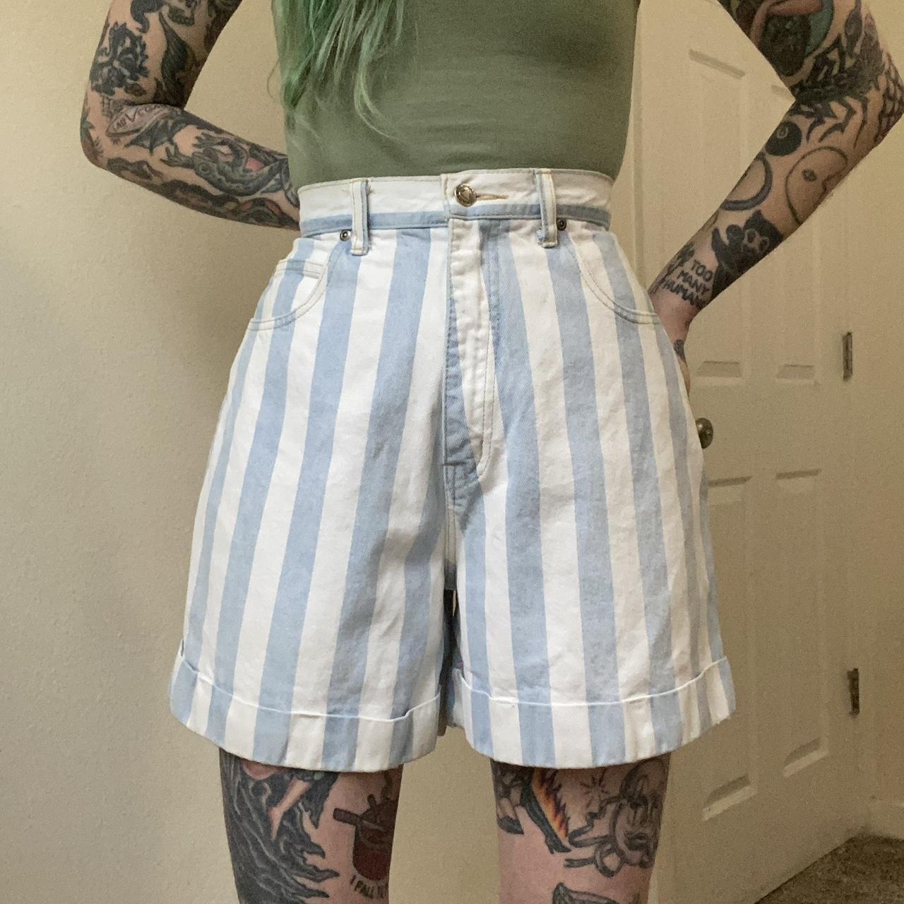 High waisted blue sale and white striped shorts