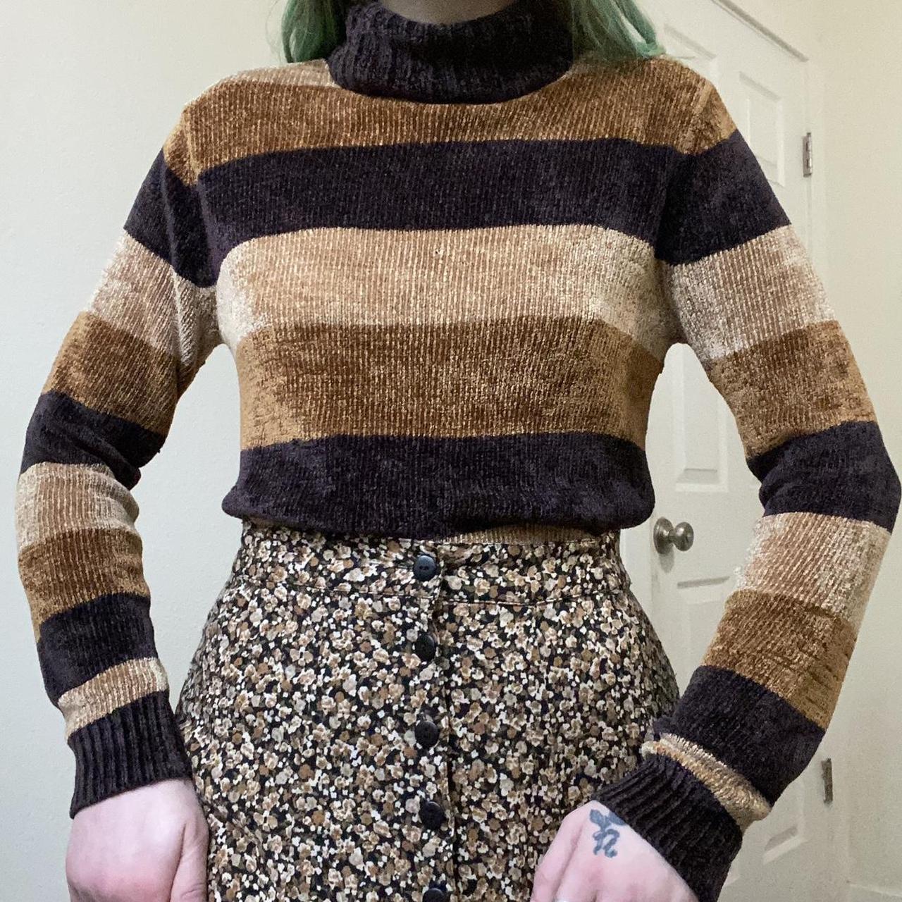 90s vintage brown tone striped chenille turtleneck. Depop