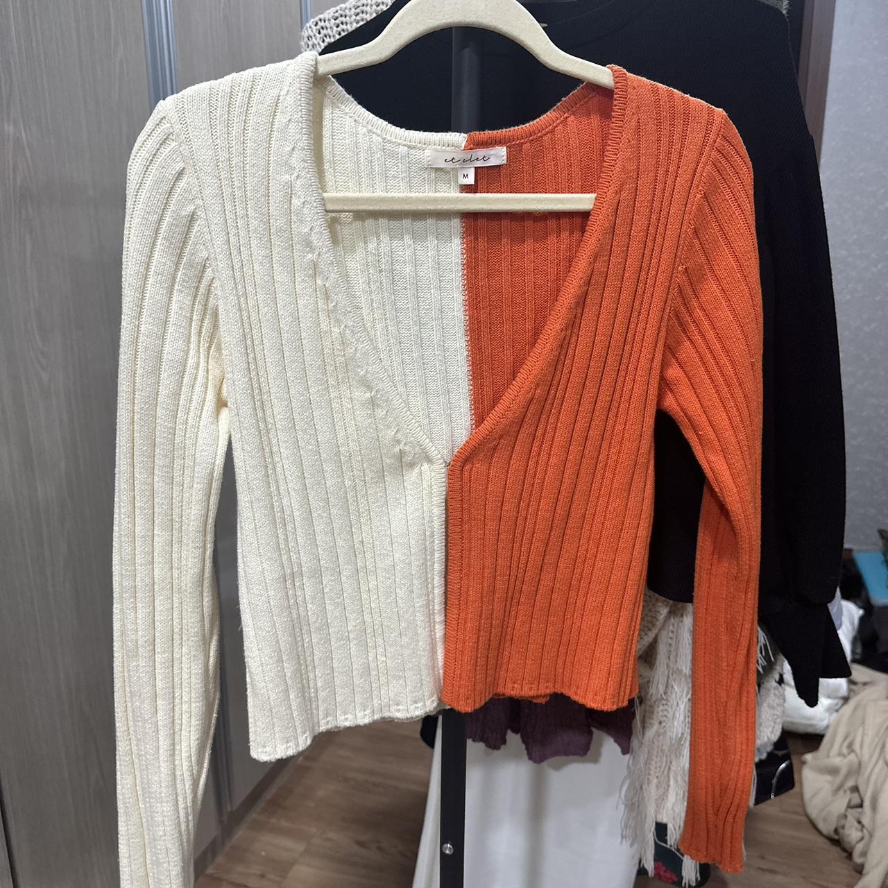 Orange and white two-tone knit cardigan Depop