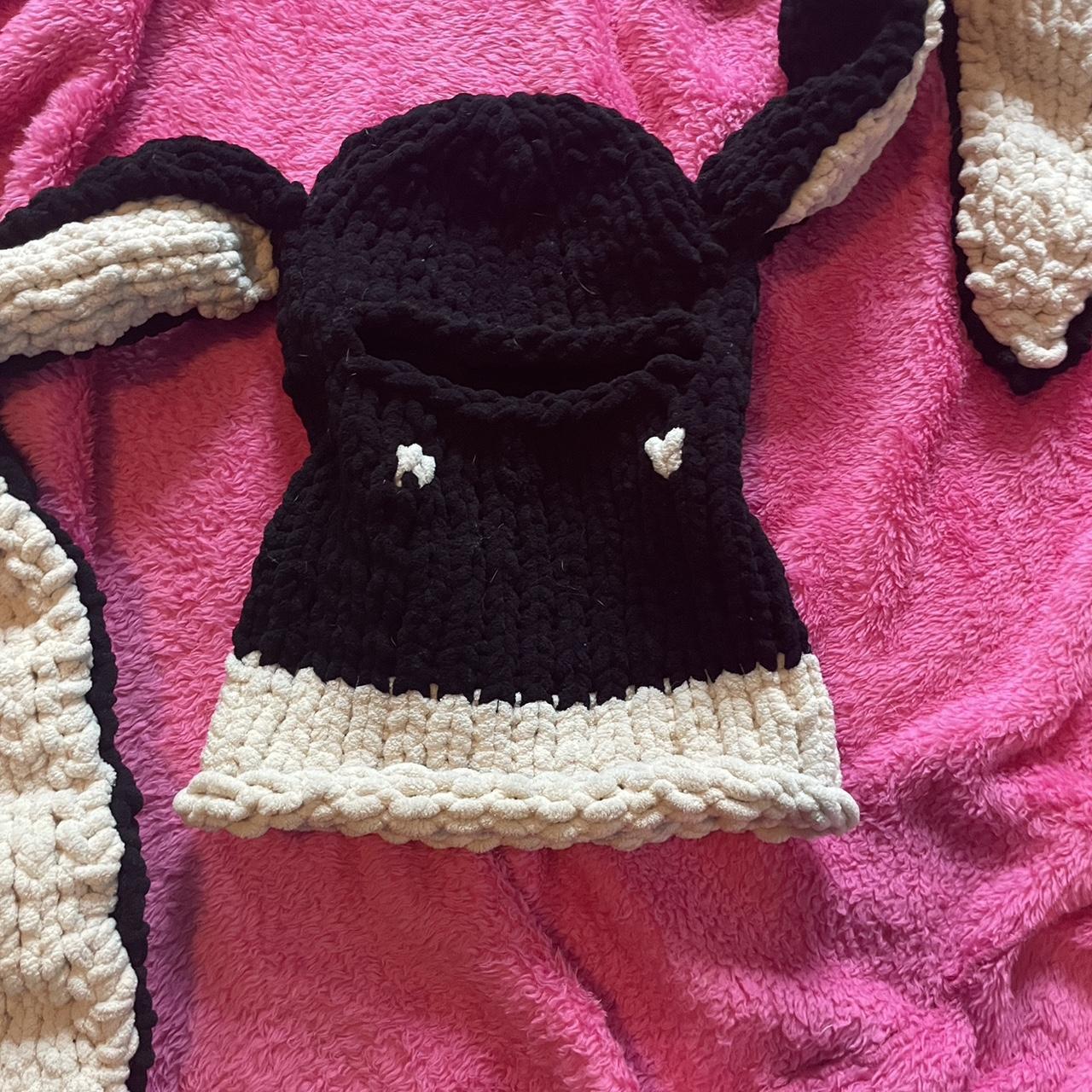 crochet heart bunny sheisty beanie black n cream... - Depop