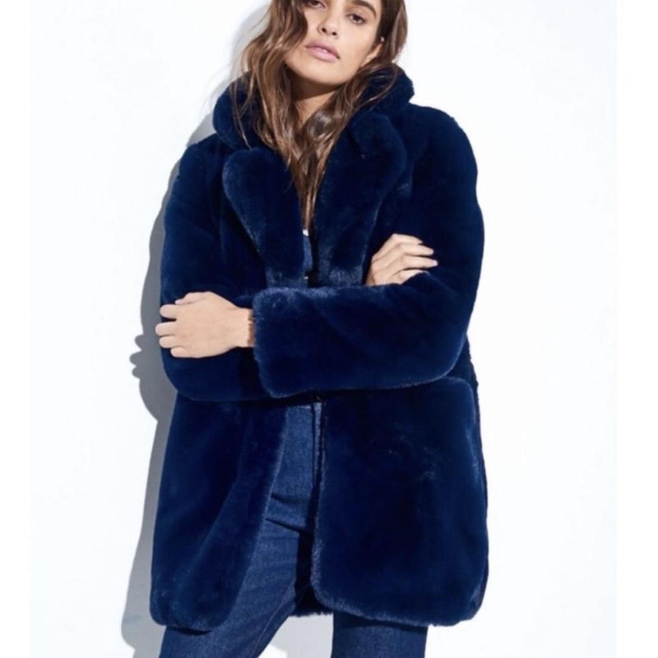 APPARIS Sophie Navy Blue Plush Faux Fur Coat Worn... - Depop