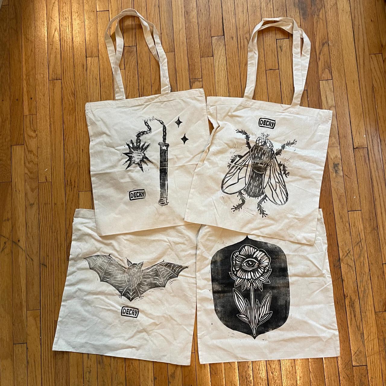 hand-printed cotton totes--message which design you... - Depop