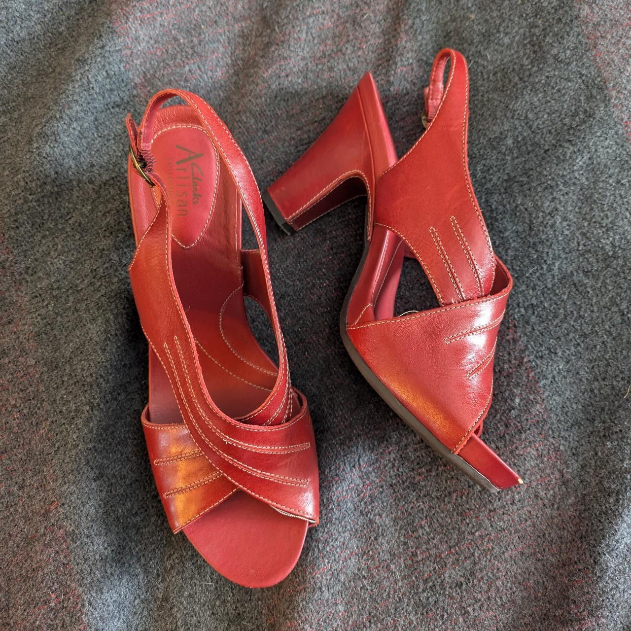 CLARKS Leather Peep Toe Shoes Red Strappy