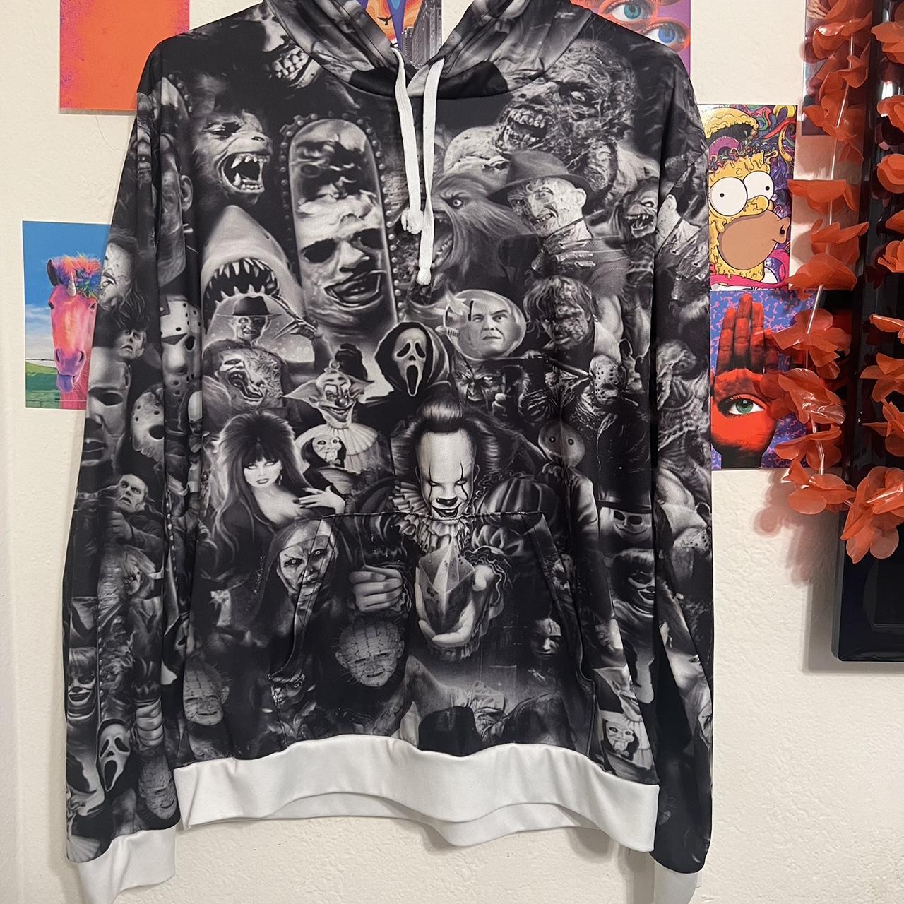 Black and white hoodie with a horror movie design. Depop