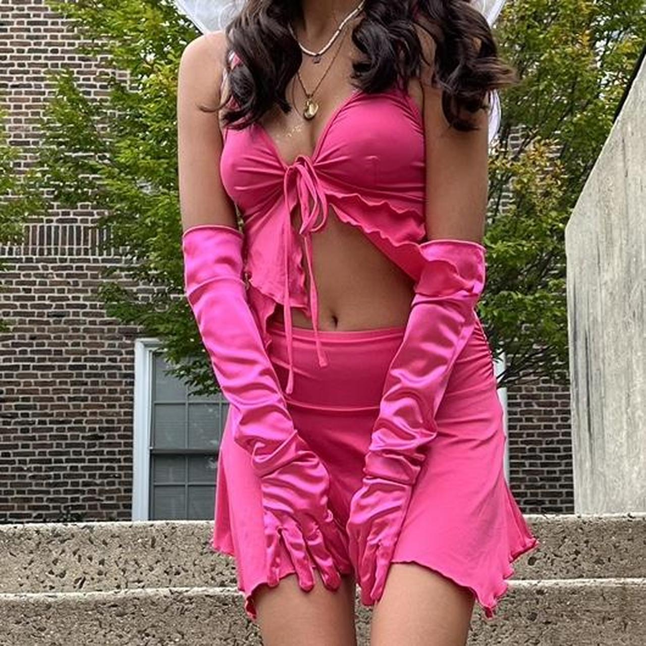 Pink ruffle top with tie front and skirt set