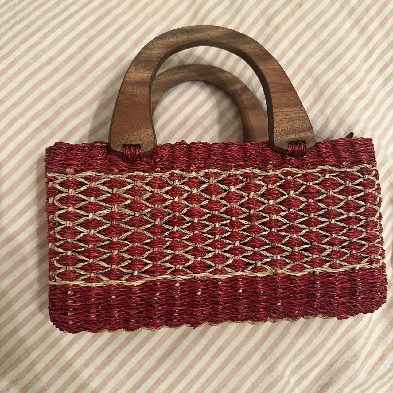 Red and cream woven straw bag with wooden Depop