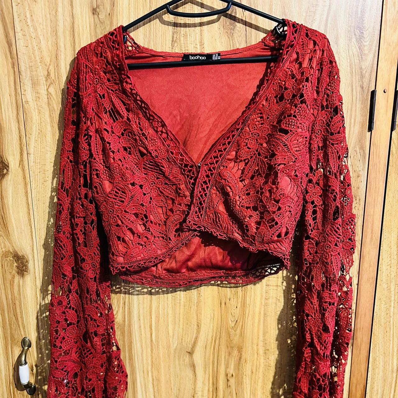 Boohoo Flare Cropped Lace Top Red Womens Size 12 14. Depop