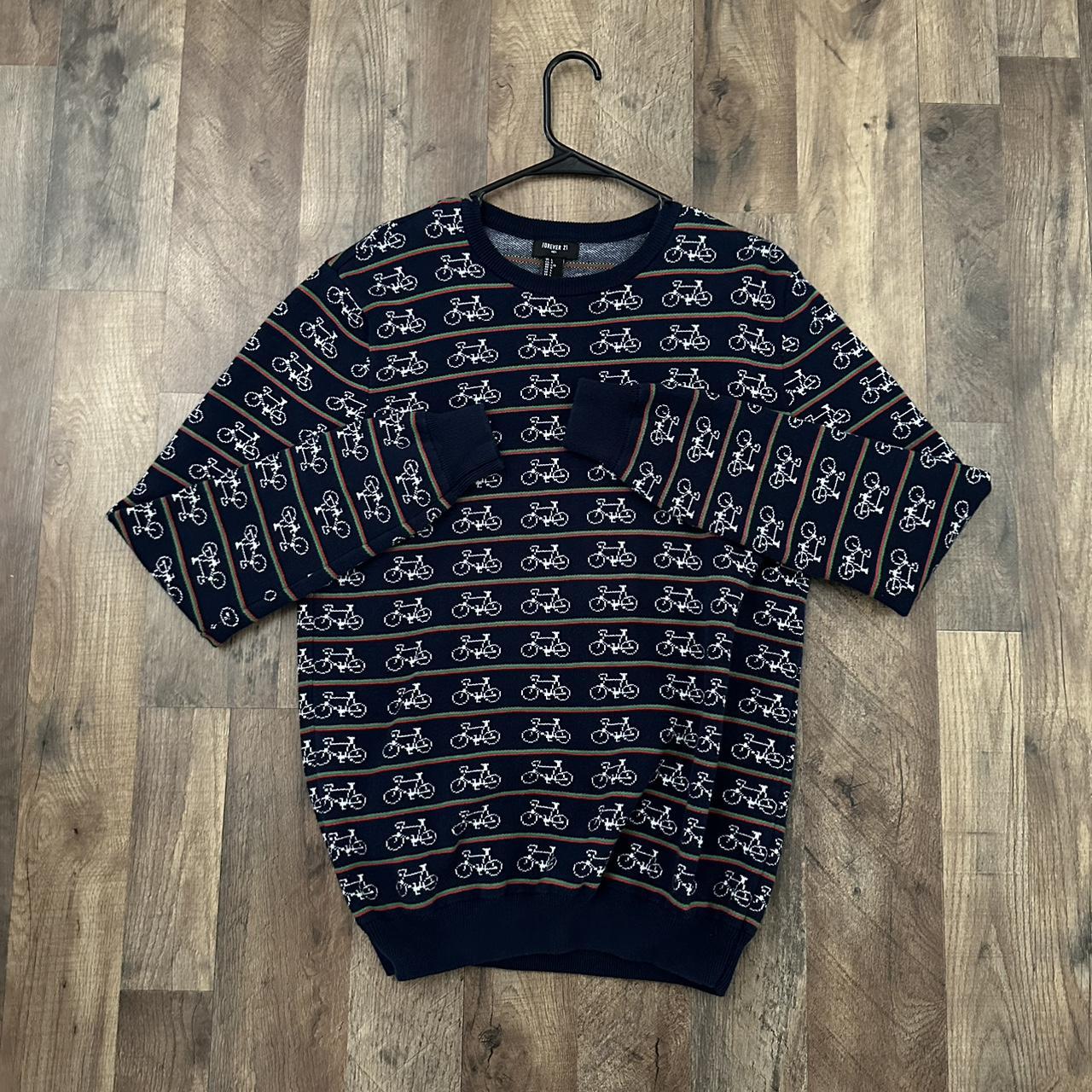 Mens Forever 21 Blue Pullover Sweater Bicycle Print. Depop