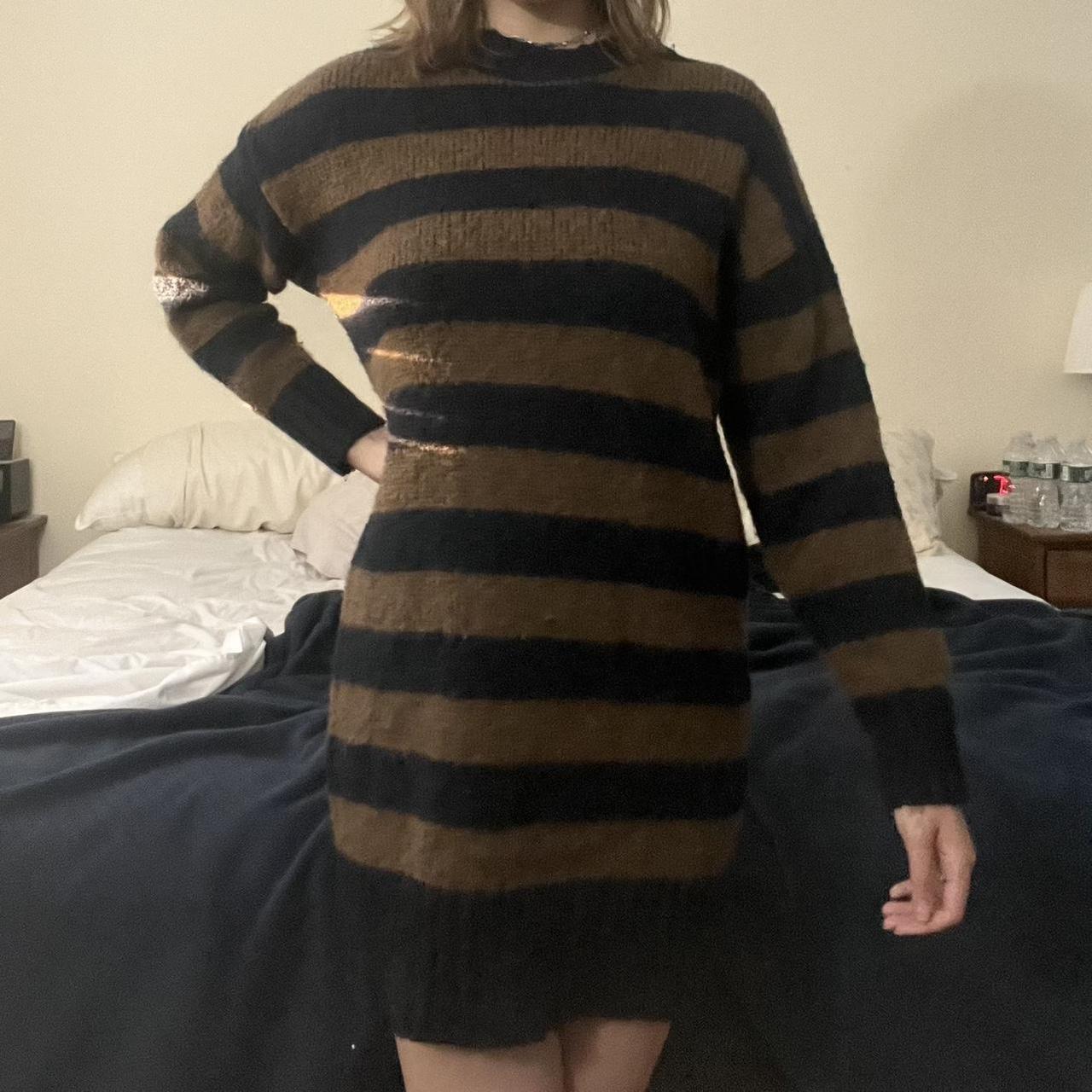 brown and black striped sweater dress with a