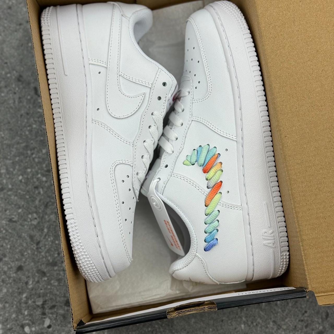 White nike fashion with rainbow swoosh