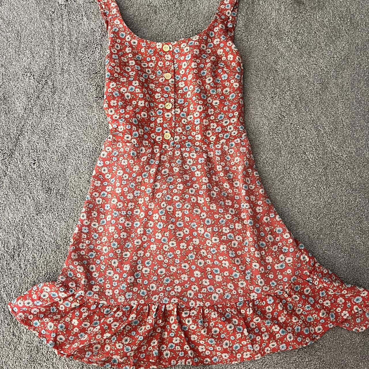 red floral monteau los angeles dress size medium... - Depop