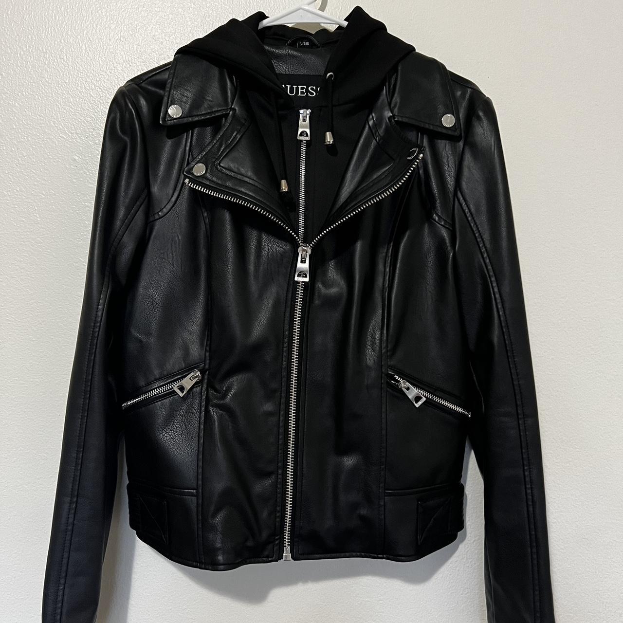 Guess women's leather fashion jacket with hood