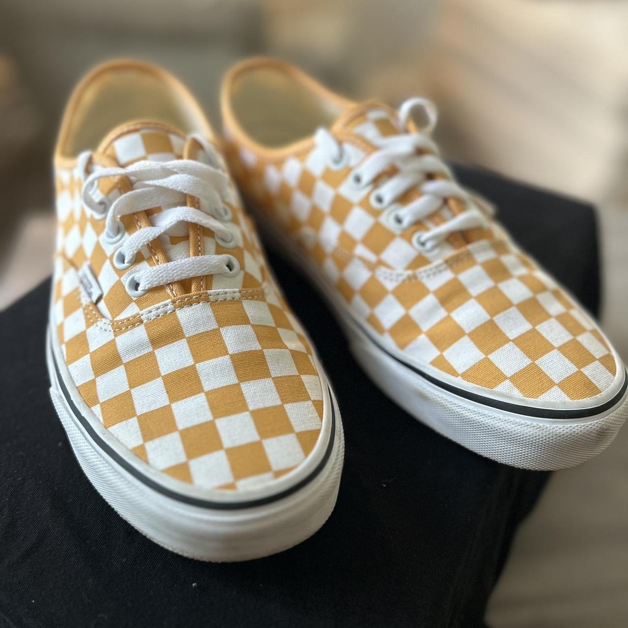 Yellow and white checkered Vans street shoes Depop