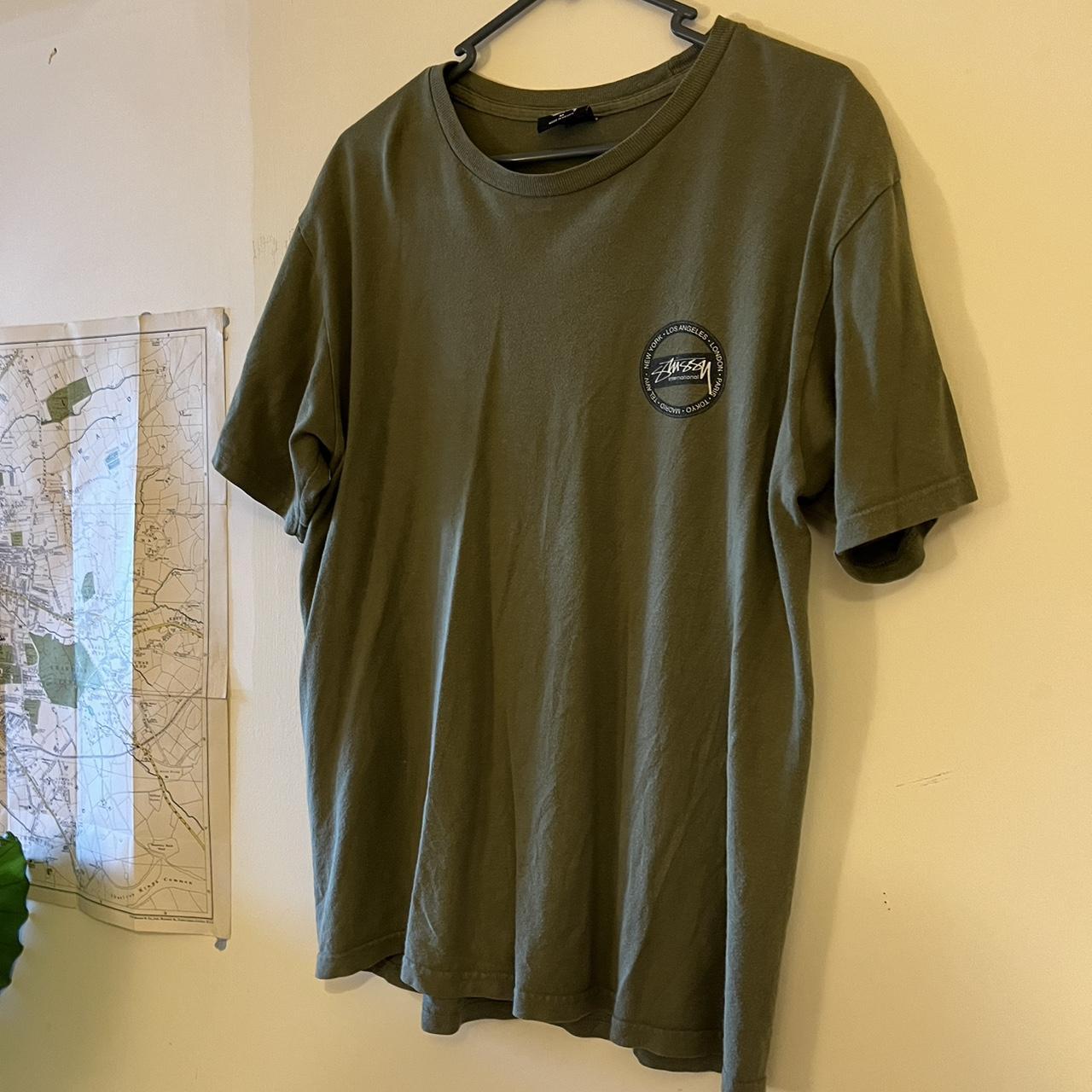 Vintage Stussy Khaki Green tee Large print on... - Depop