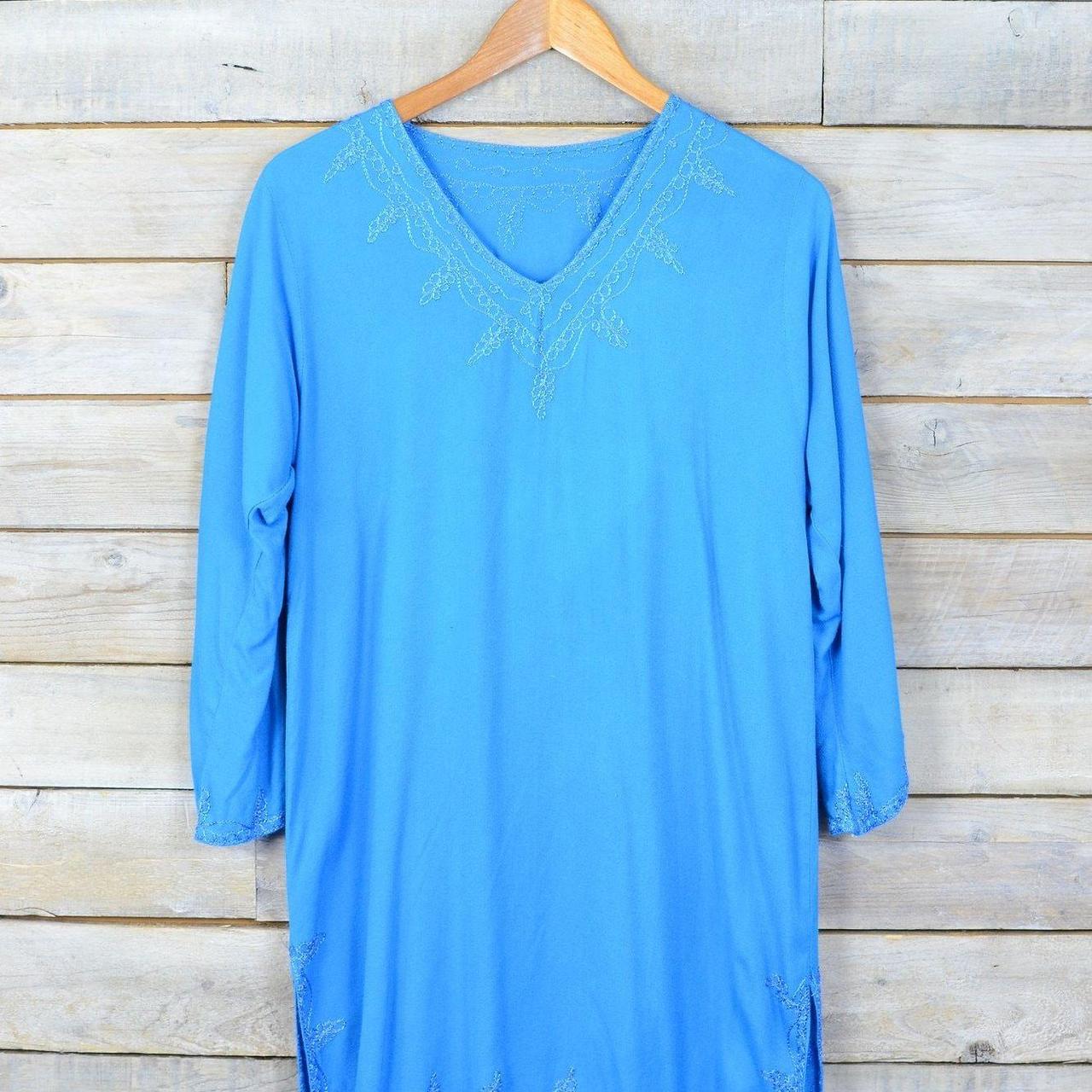 Vintage ocean blue kaftan style dress with dark... - Depop