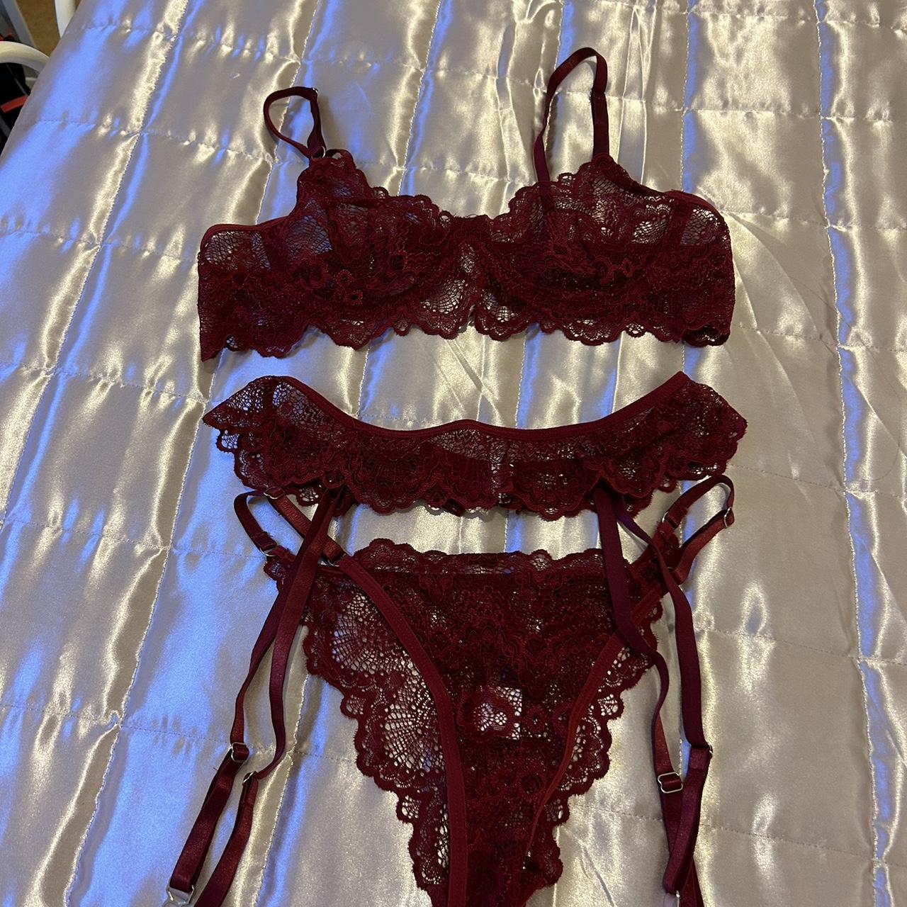 Beautiful burgundy lace 3 piece lingerie set with... - Depop