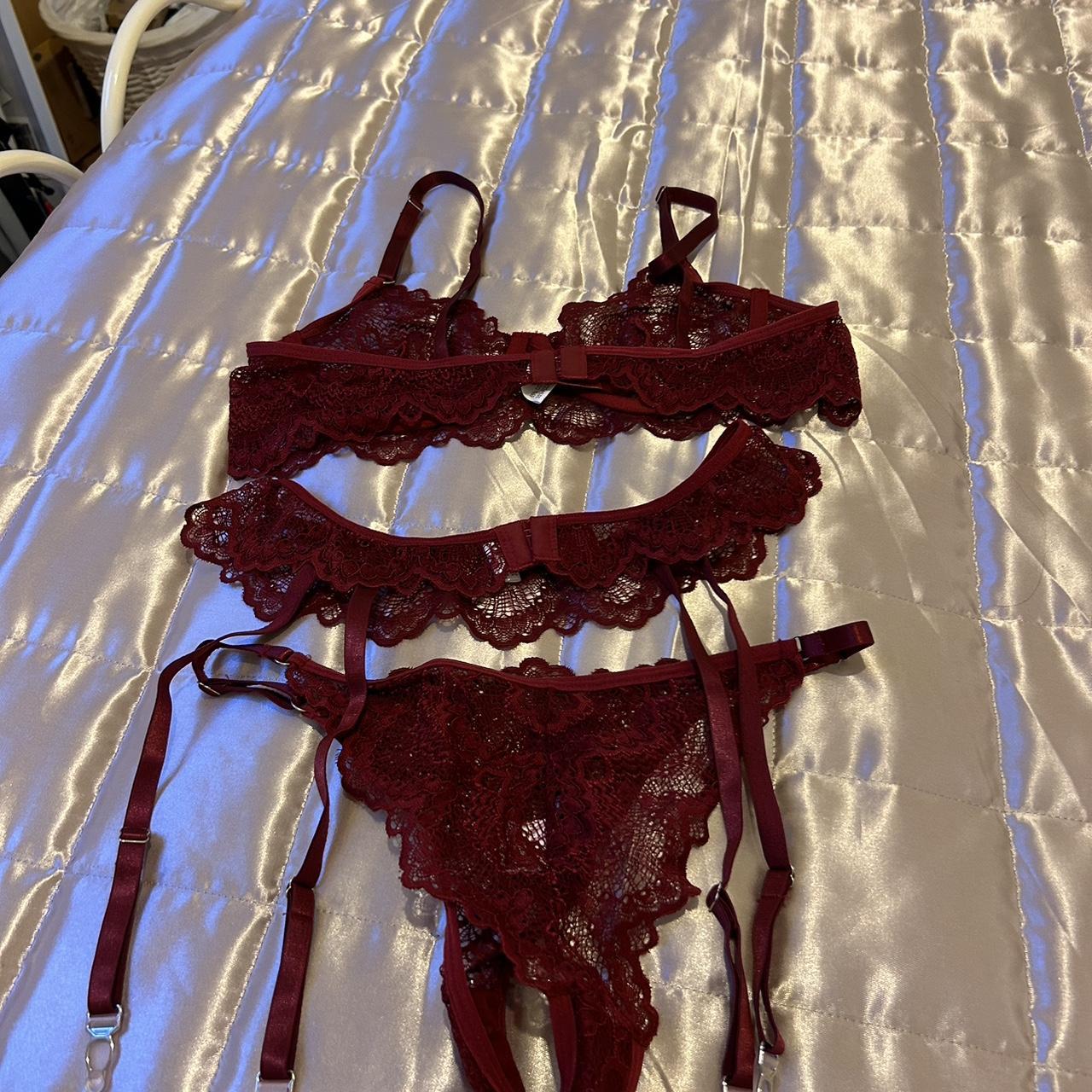 Beautiful burgundy lace 3 piece lingerie set with... - Depop