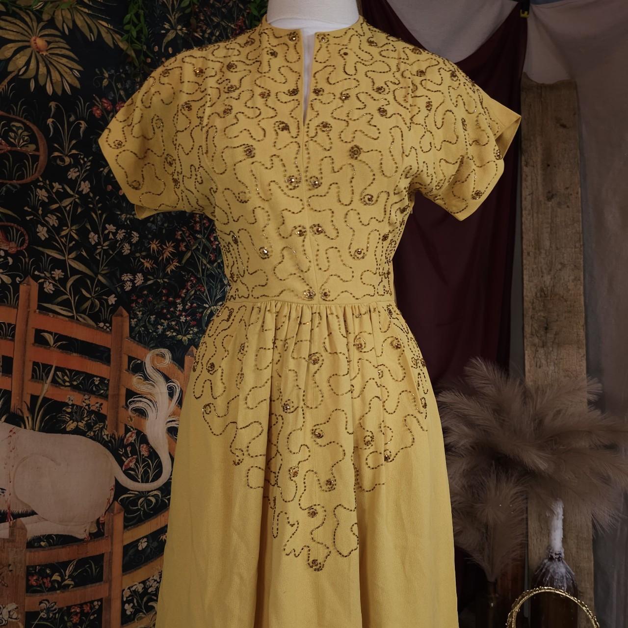 Vintage 1930s Beaded Mustard Yellow Crepe Dress Art... - Depop