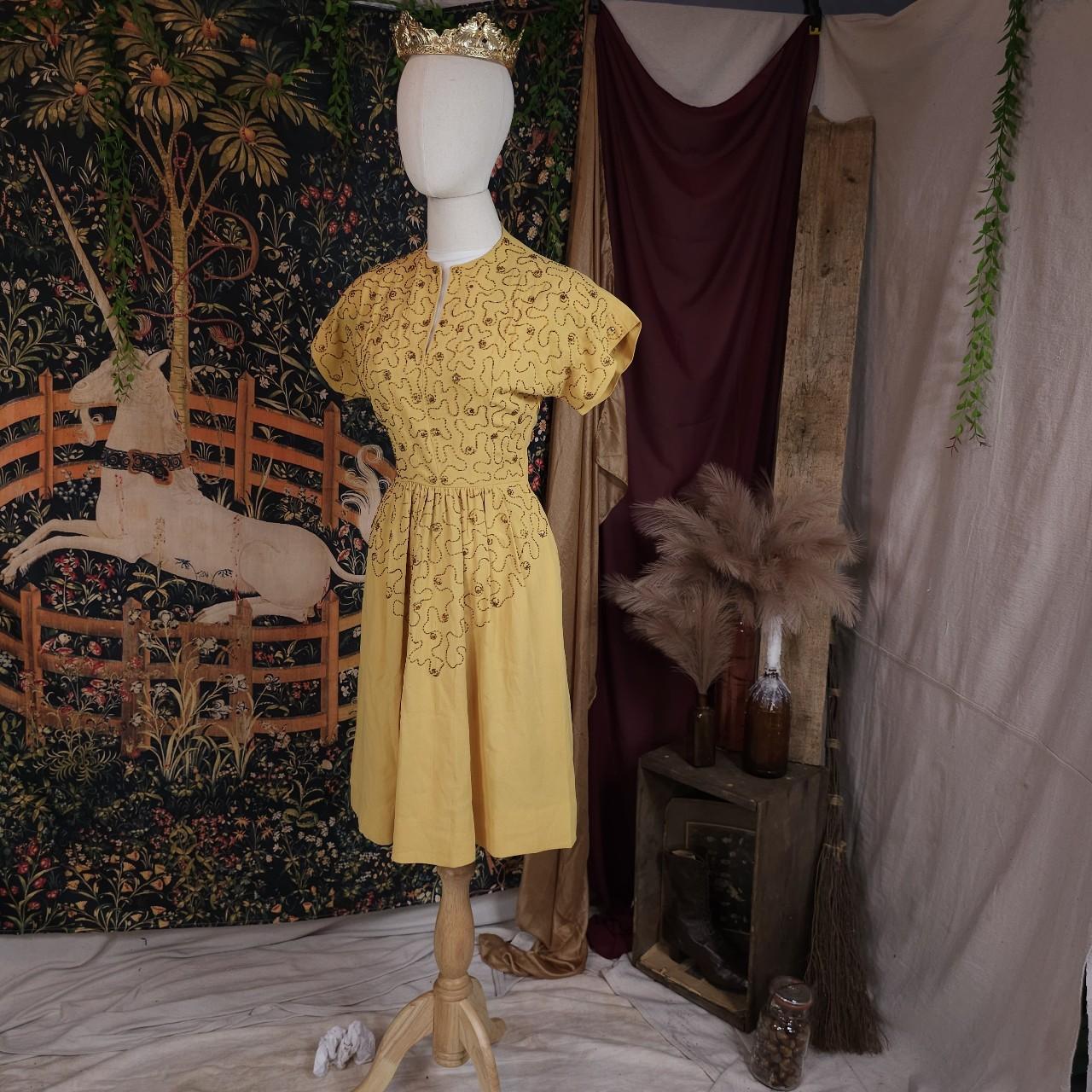 Vintage 1930s Beaded Mustard Yellow Crepe Dress Art... - Depop