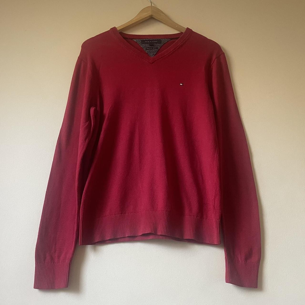 Tommy Hilfiger Red V Neck Sweater Top Size Large Pit - Depop