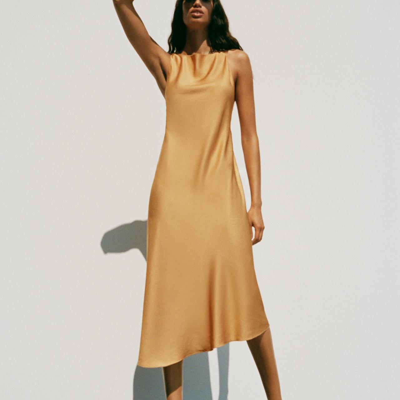 Zara orange gold rustic linen blend bias midi dress... Depop