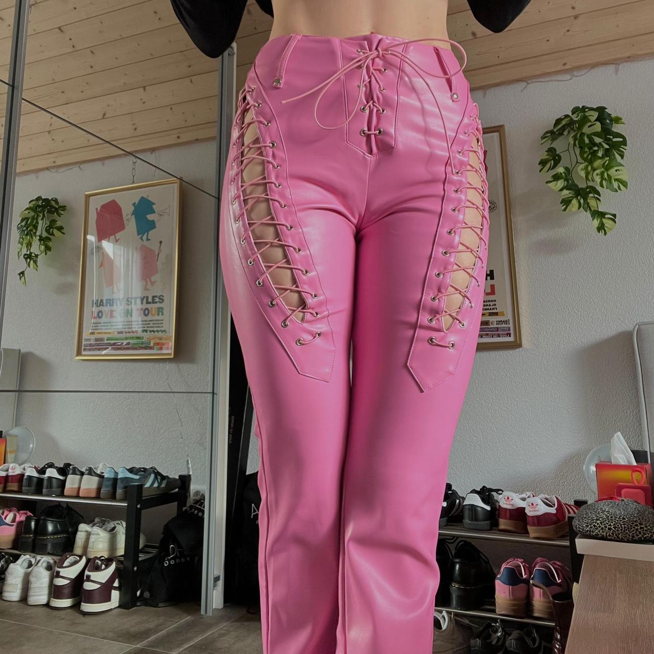 S nylon jersey pants lace（pink S nylon jersey pants with lace thread, pink