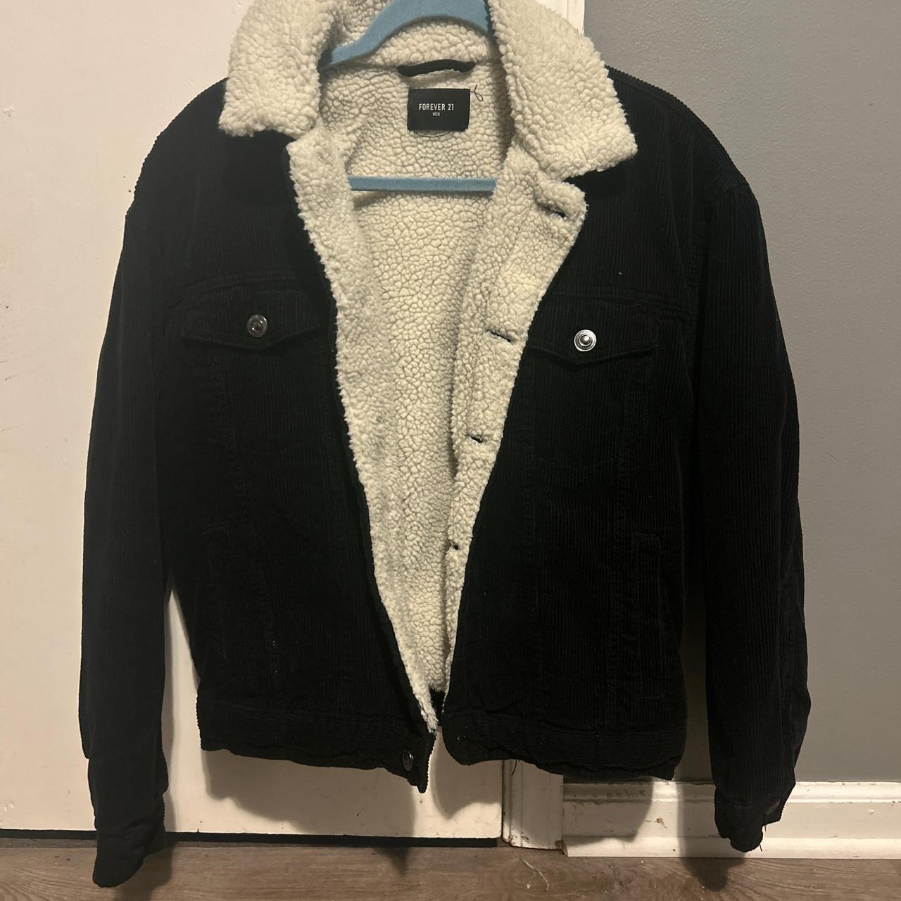 Black corduroy jacket with white fur on sale